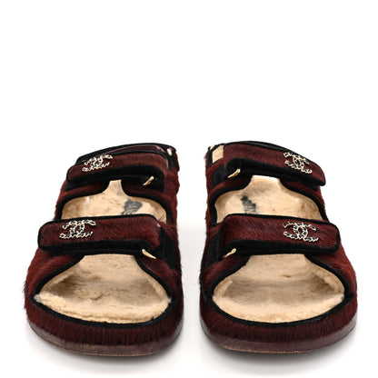 Chanel Calf Hair Suede Shearling Dad Sandals 38 Burgundy Black 3 of 11