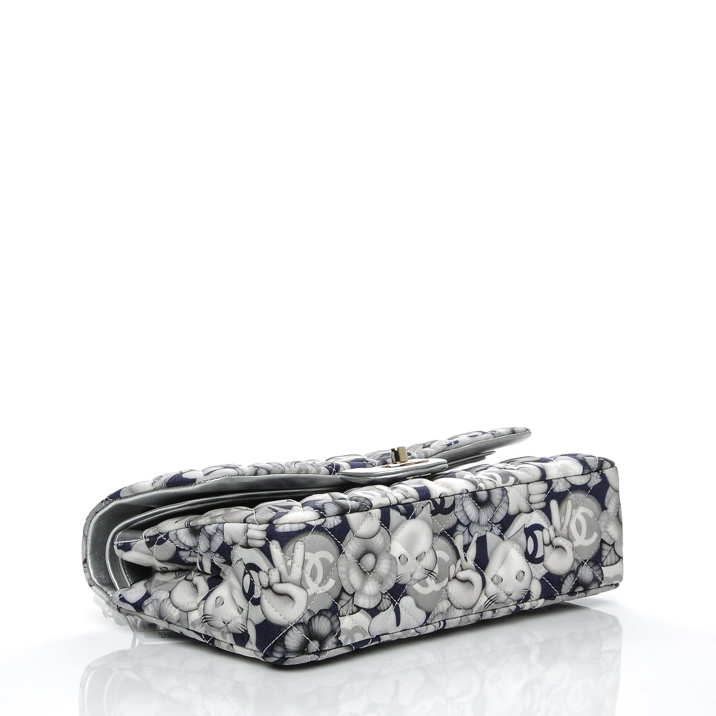 Nylon Quilted Medium Cat Emoticon Double Flap Navy Grey Ecru
