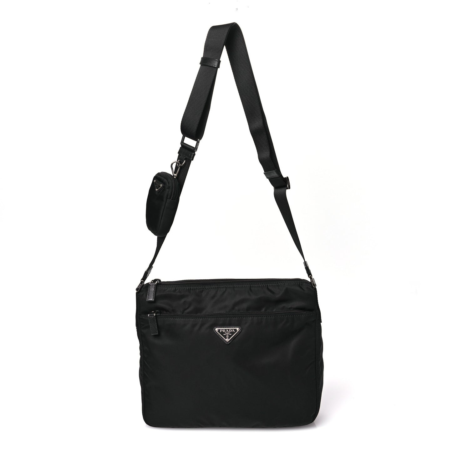 Re-Nylon Vela Saffiano Pocket Double Zip Messenger Bag Black