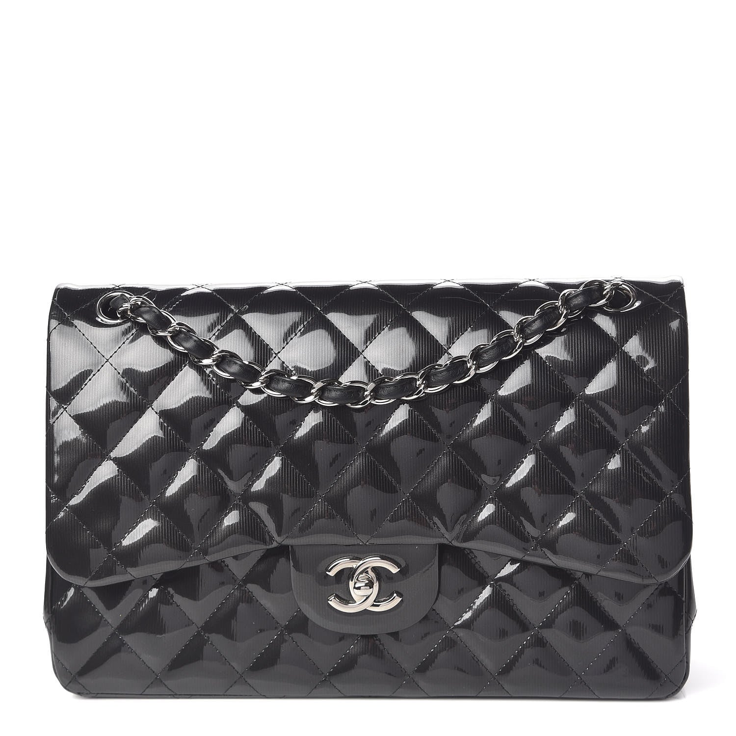Chanel Striated Patent Quilted Jumbo Double Flap Black 1 of 16