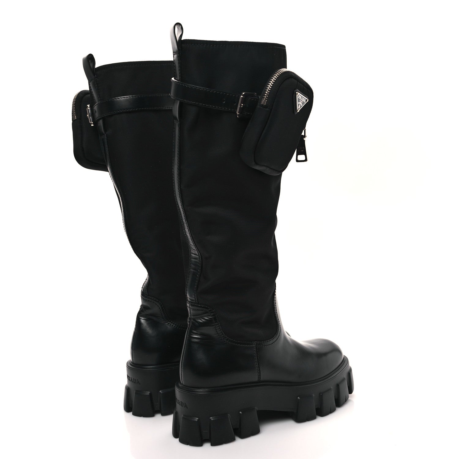 Prada Spazzolato Rois Re-Nylon Metal Triangle Logo Monolith Pouch Pocket 55mm Tall Boots 38 Black 4 of 9