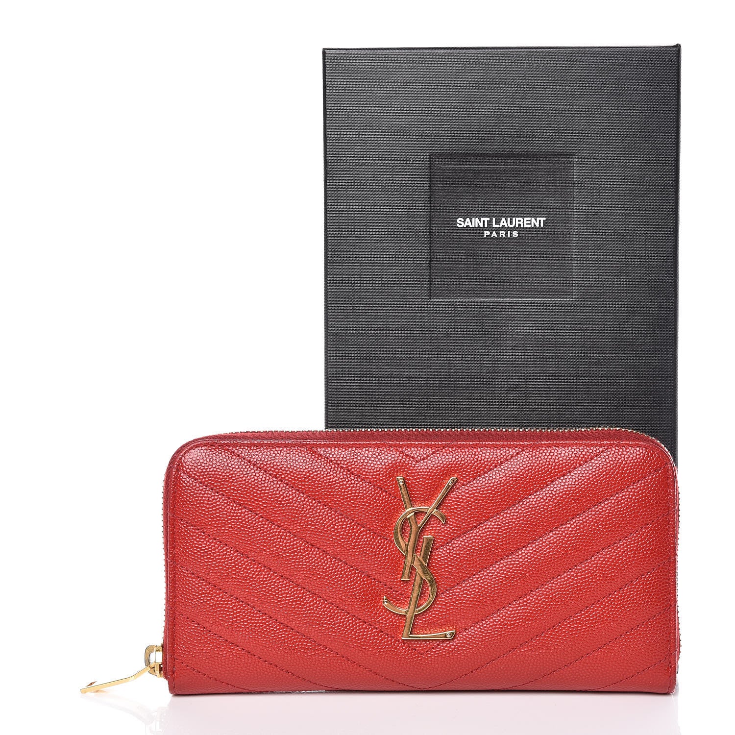 Saint Laurent Grain De Poudre Matelasse Chevron Monogram Zip Around Wallet Red 7 of 7