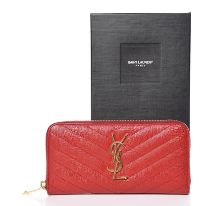 Saint Laurent Grain De Poudre Matelasse Chevron Monogram Zip Around Wallet Red 7 of 7