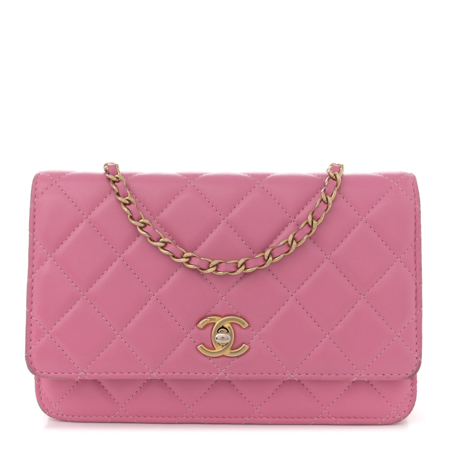 Lambskin Quilted CC Pearl Crush Wallet on Chain WOC Pink