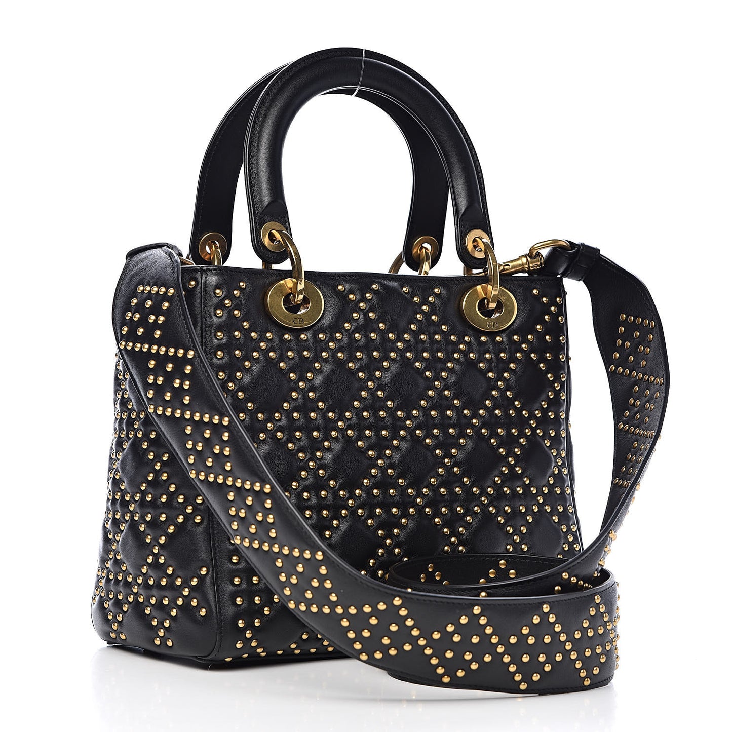 Calfskin Cannage Studded Medium Supple Lady Dior Black