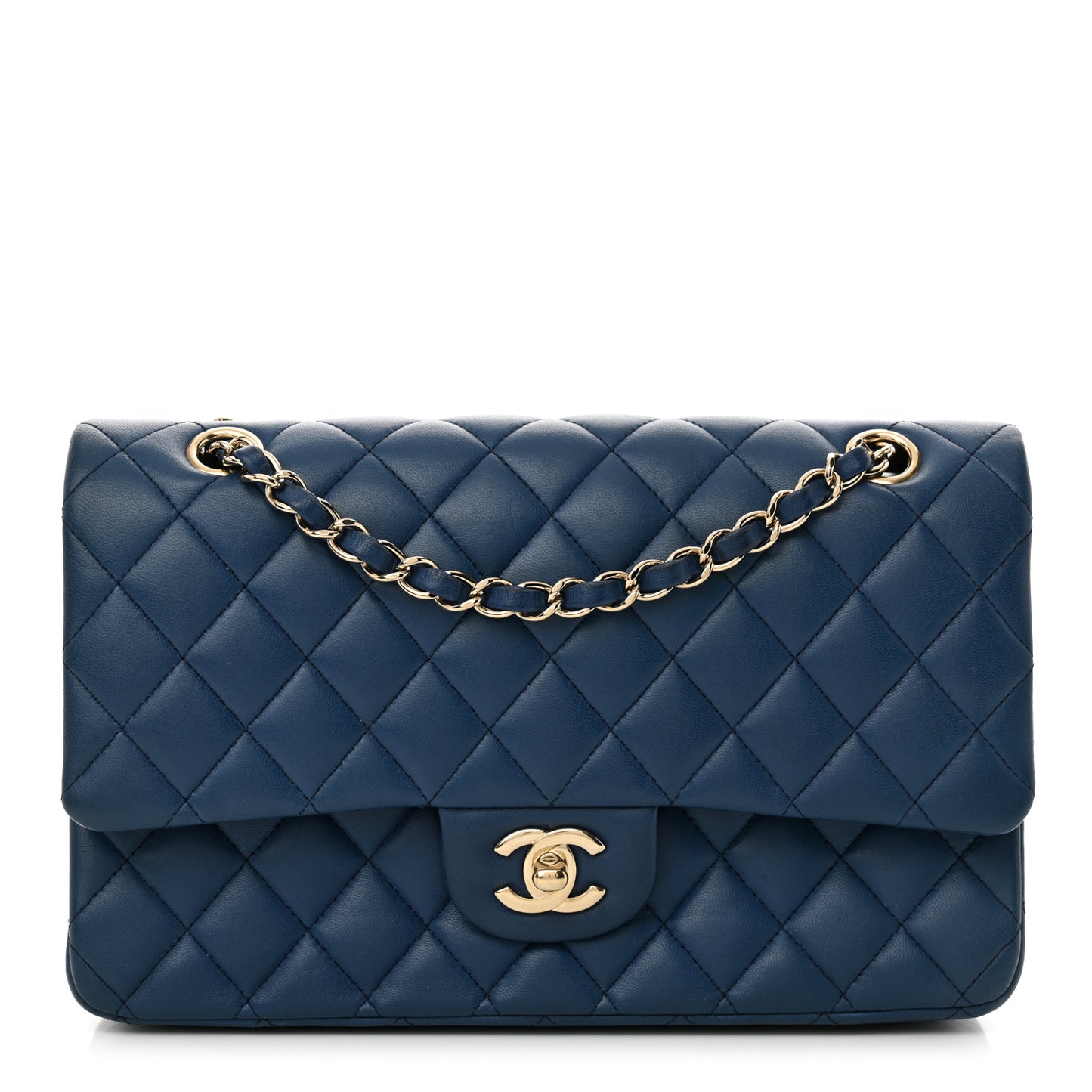 Lambskin Quilted Medium Double Flap Blue