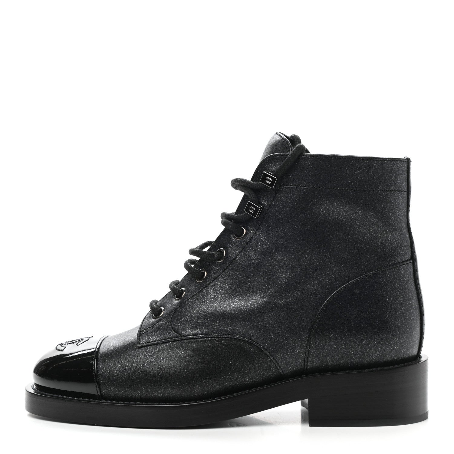 Chanel Glitter Calfskin Lace Up Combat Boots 36 Black 1 of 9