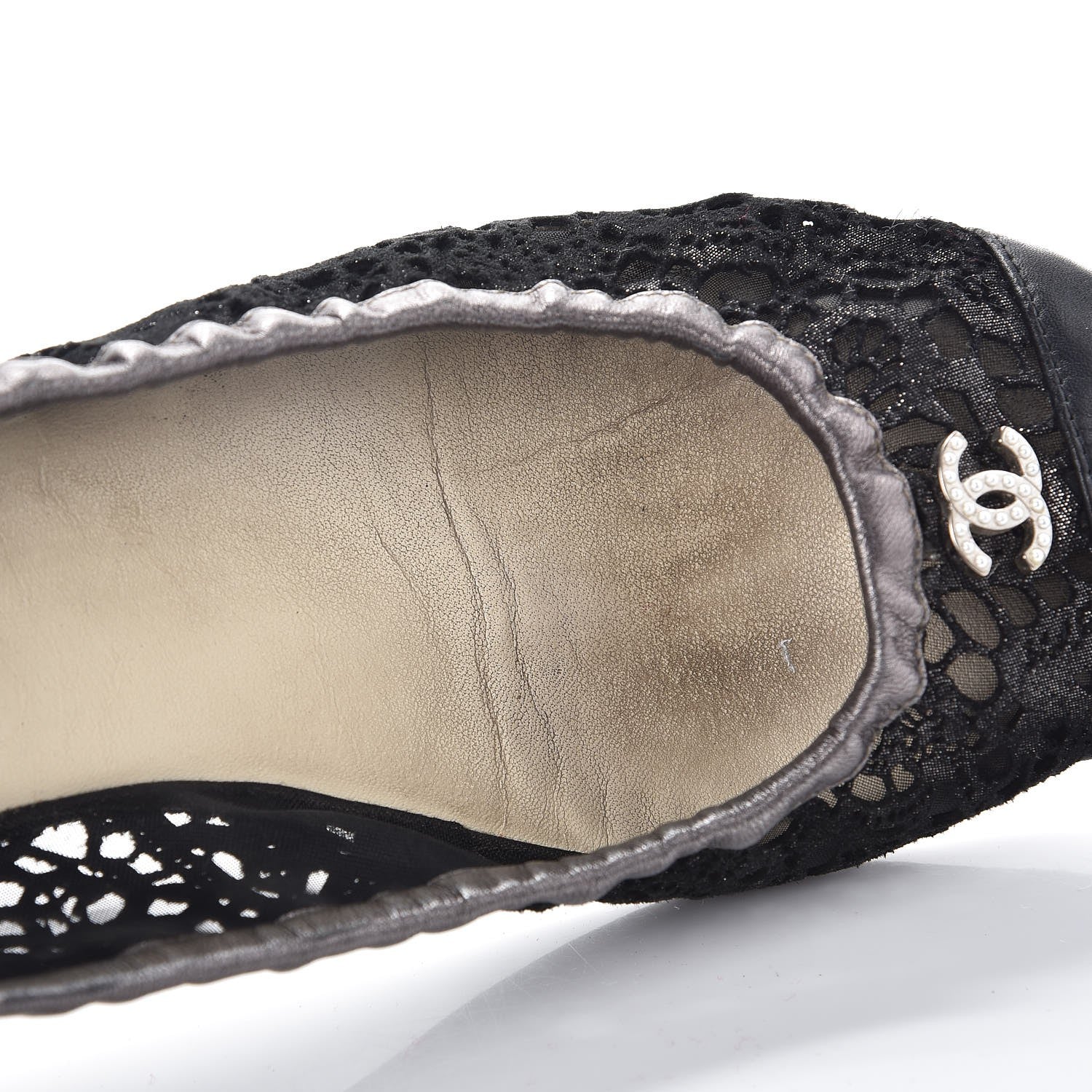 Chanel Metallic Calfskin Lace Pearl CC Cap Toe Elastic Ballerina Flats 37.5 Black 12 of 15