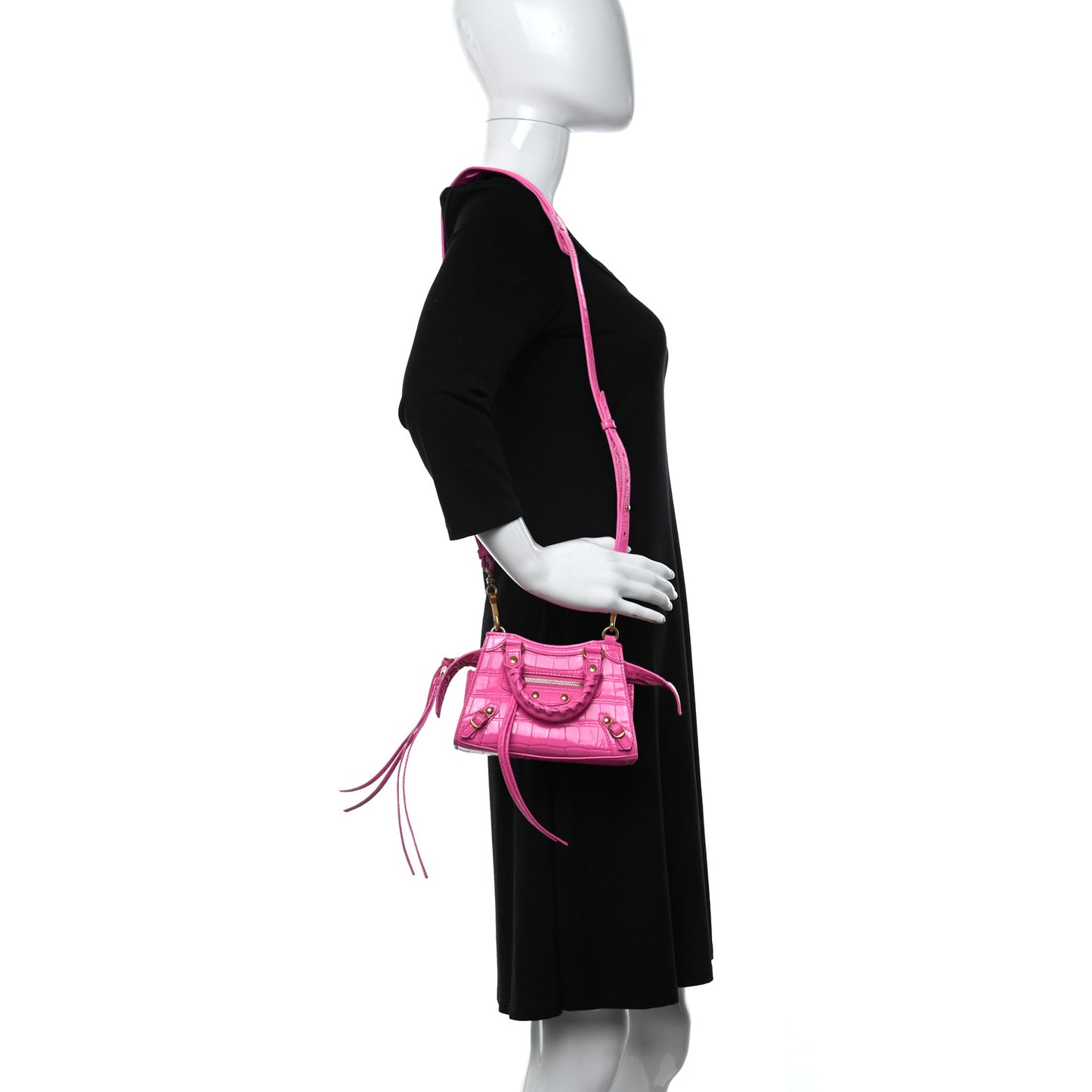 Calfskin Crocodile Embossed Neo Classic Gold Hardware Nano City Crossbody Neon Pink