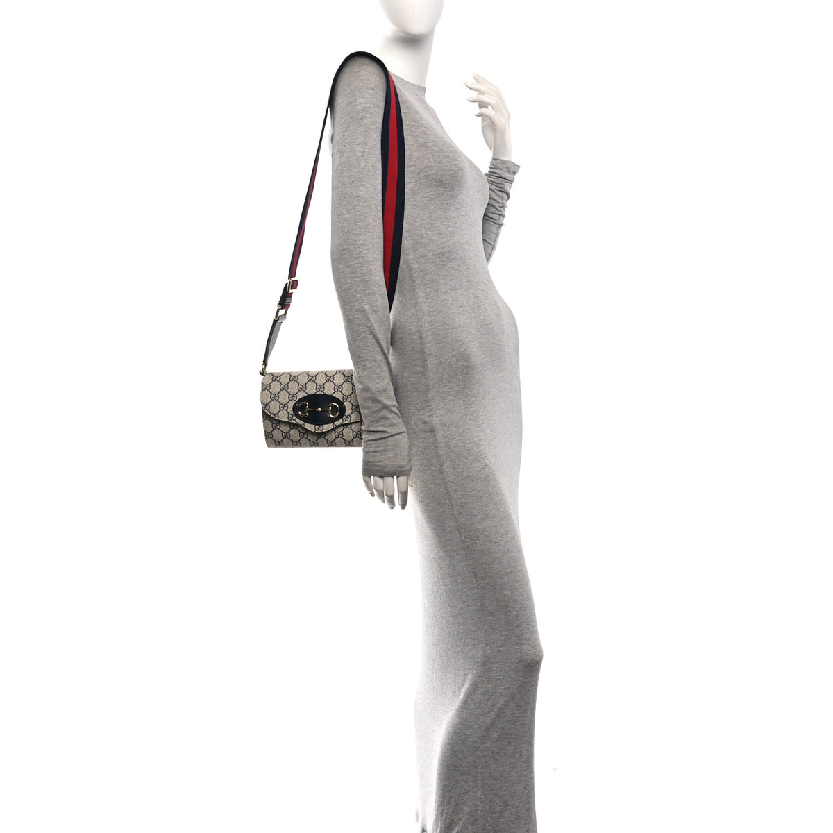 GG Supreme Monogram Azalea Calfskin Web Mini Horsebit 1955 Chain Shoulder Bag Beige Blue