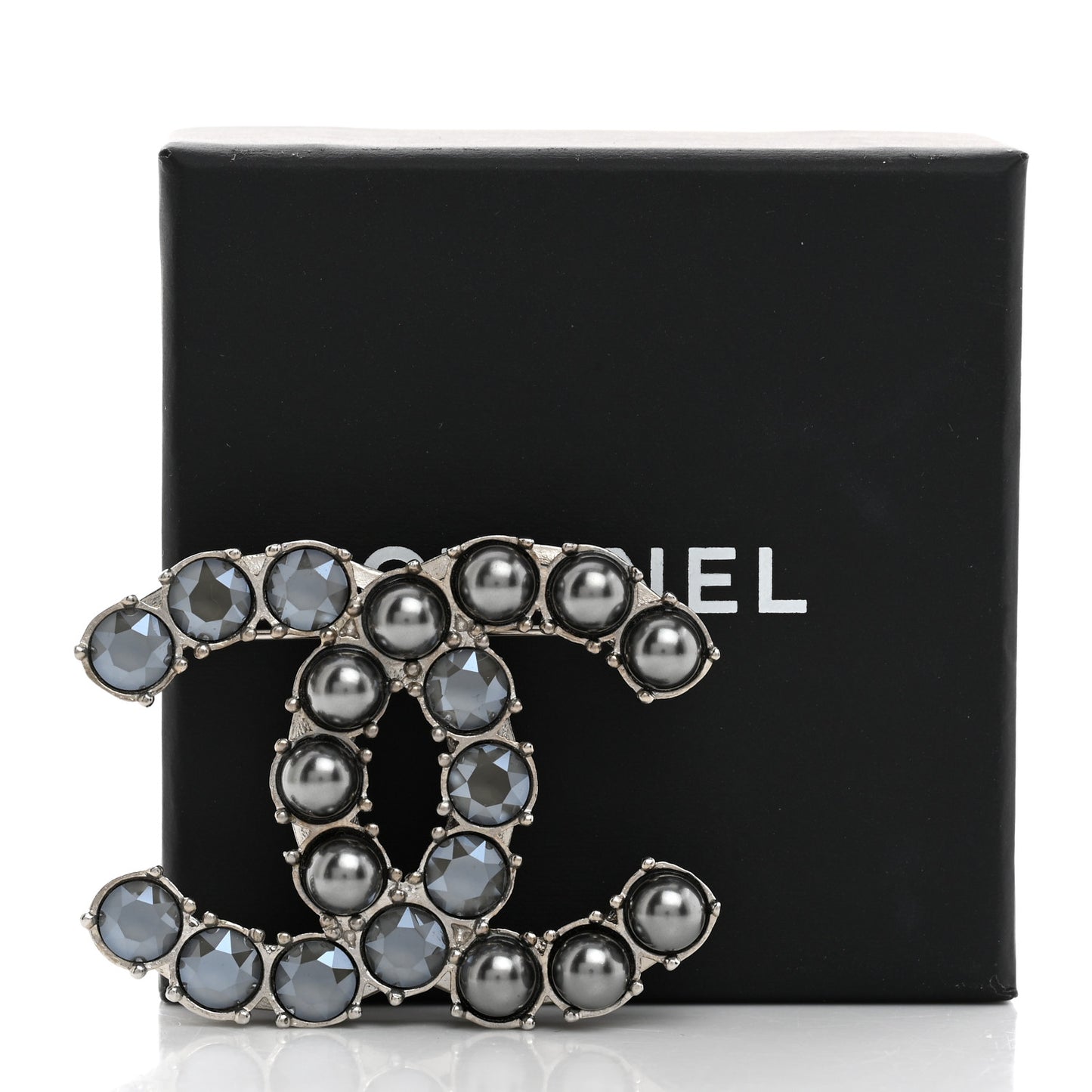 Crystal Pearl CC Dazzling Domino Brooch Black