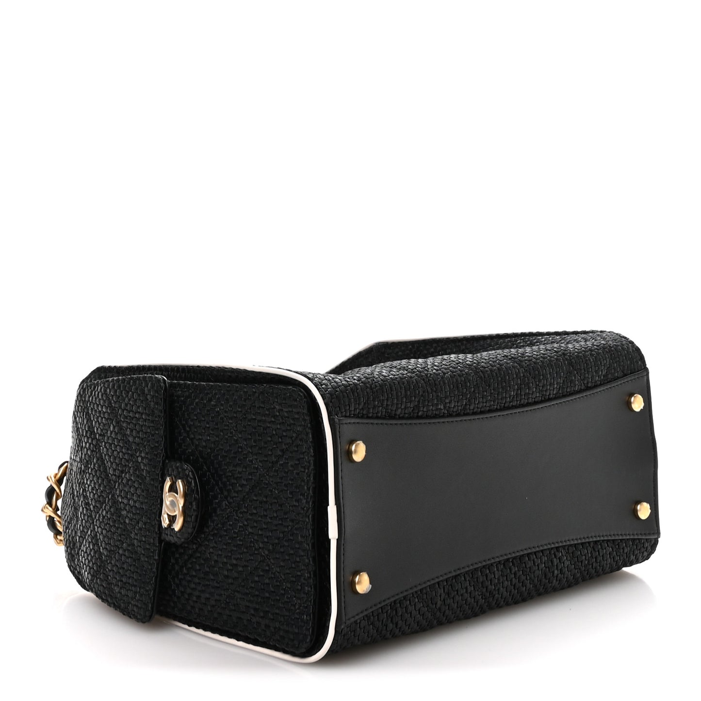 Braided Raffia Calfskin Small Chanel 25 Handbag Black White