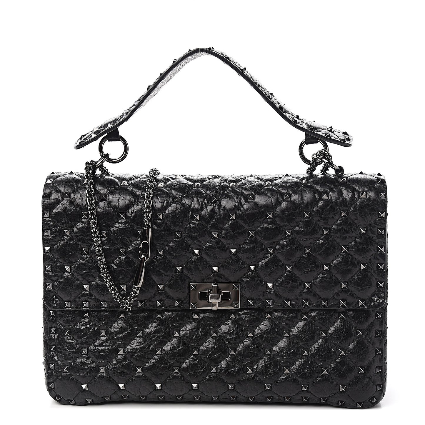 Craquele Nappa Large Rockstud Spike Shoulder Bag Black