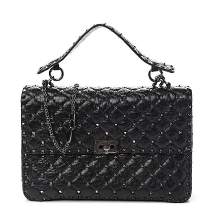 Valentino Garavani Craquele Nappa Large Rockstud Spike Shoulder Bag Black 1 of 9