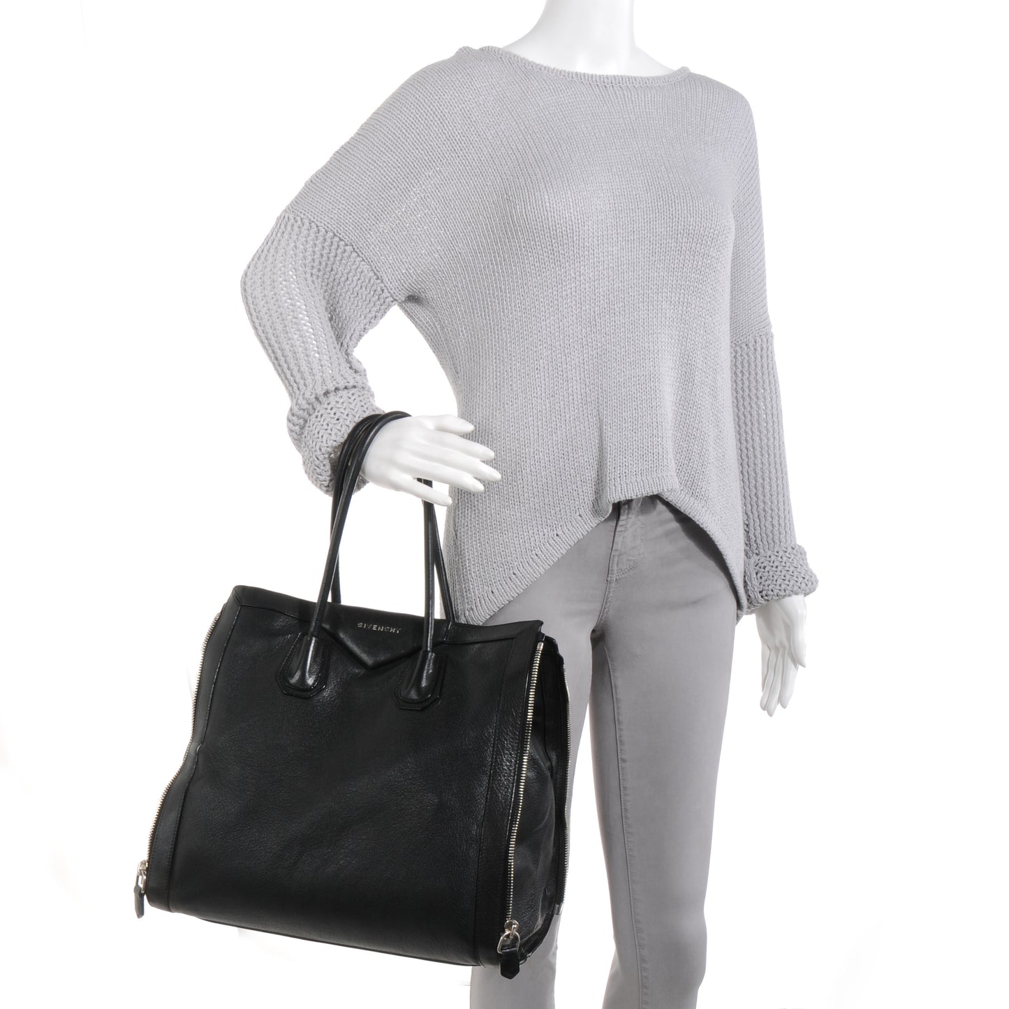 Grained Goatskin Antigona Zippered Tote Black