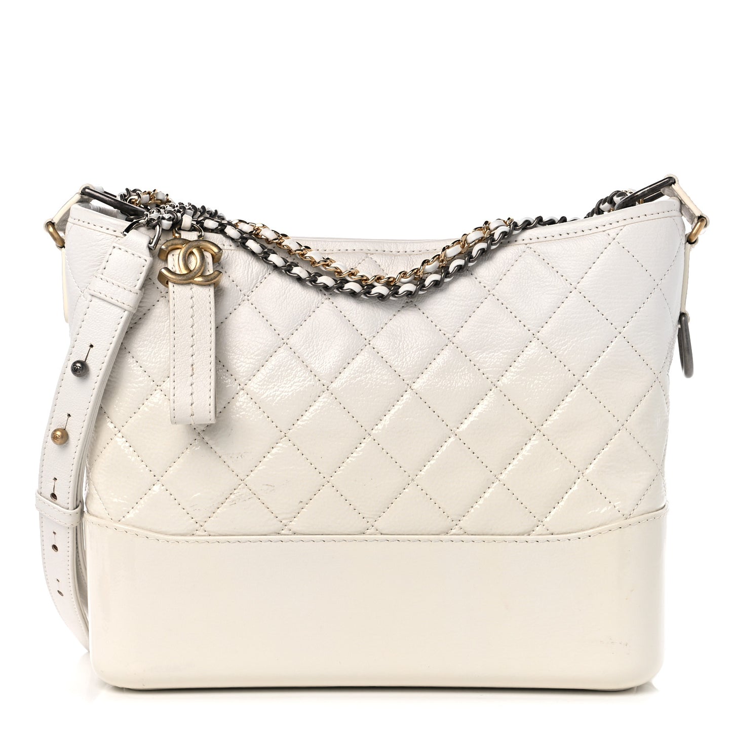 Patent Goatskin Quilted Medium Gabrielle Hobo White