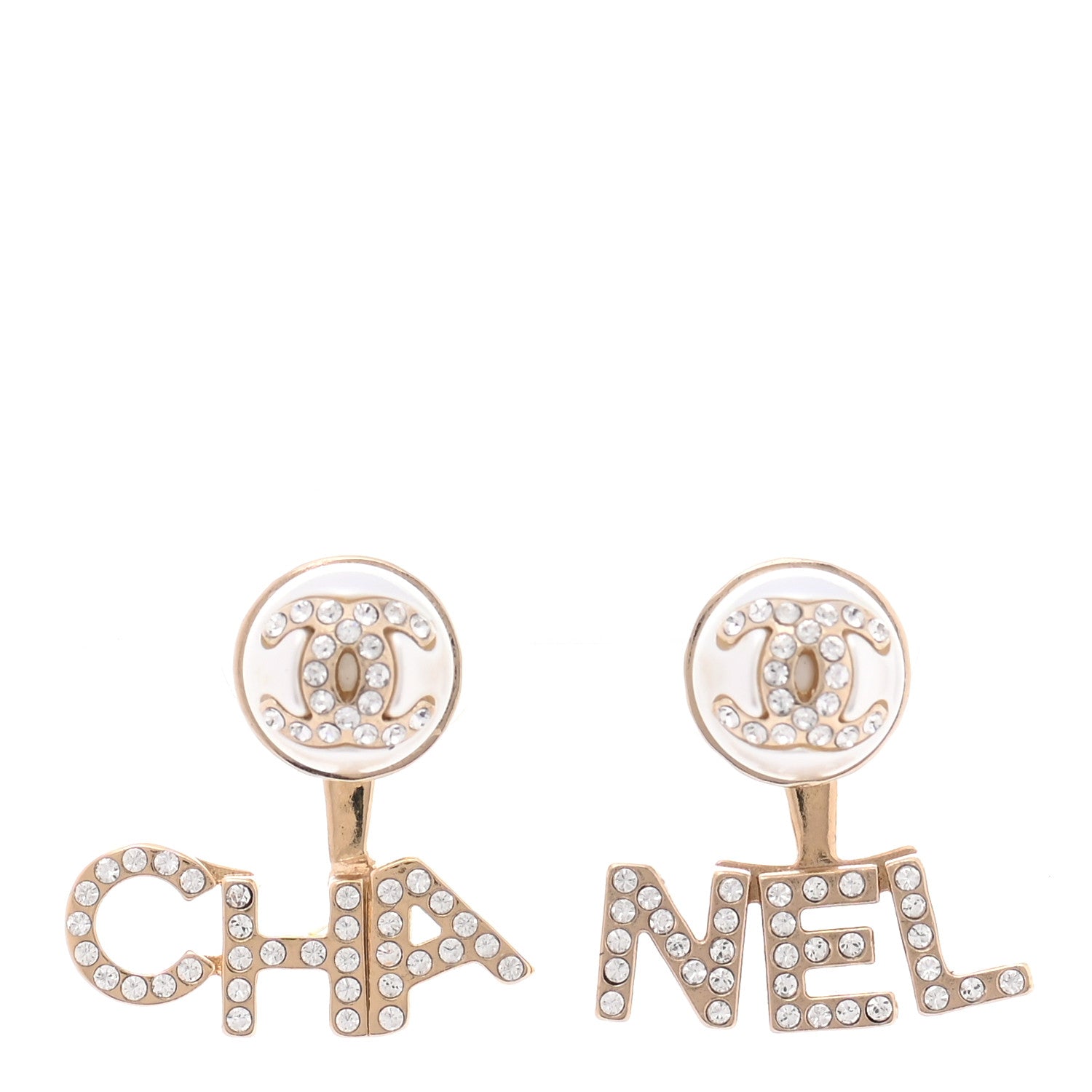 Chanel Pearl Crystal Logo Earrings Gold Pearly White 1 of 6