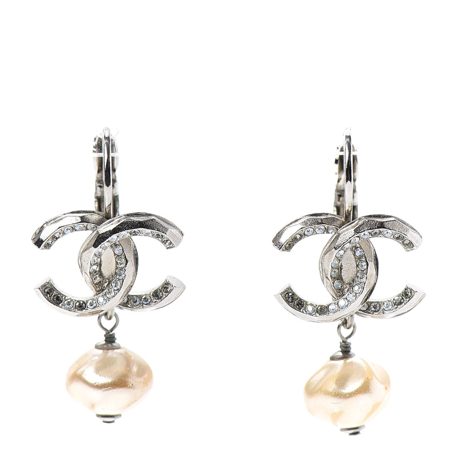 Crystal Pearl CC Drop Earrings Silver