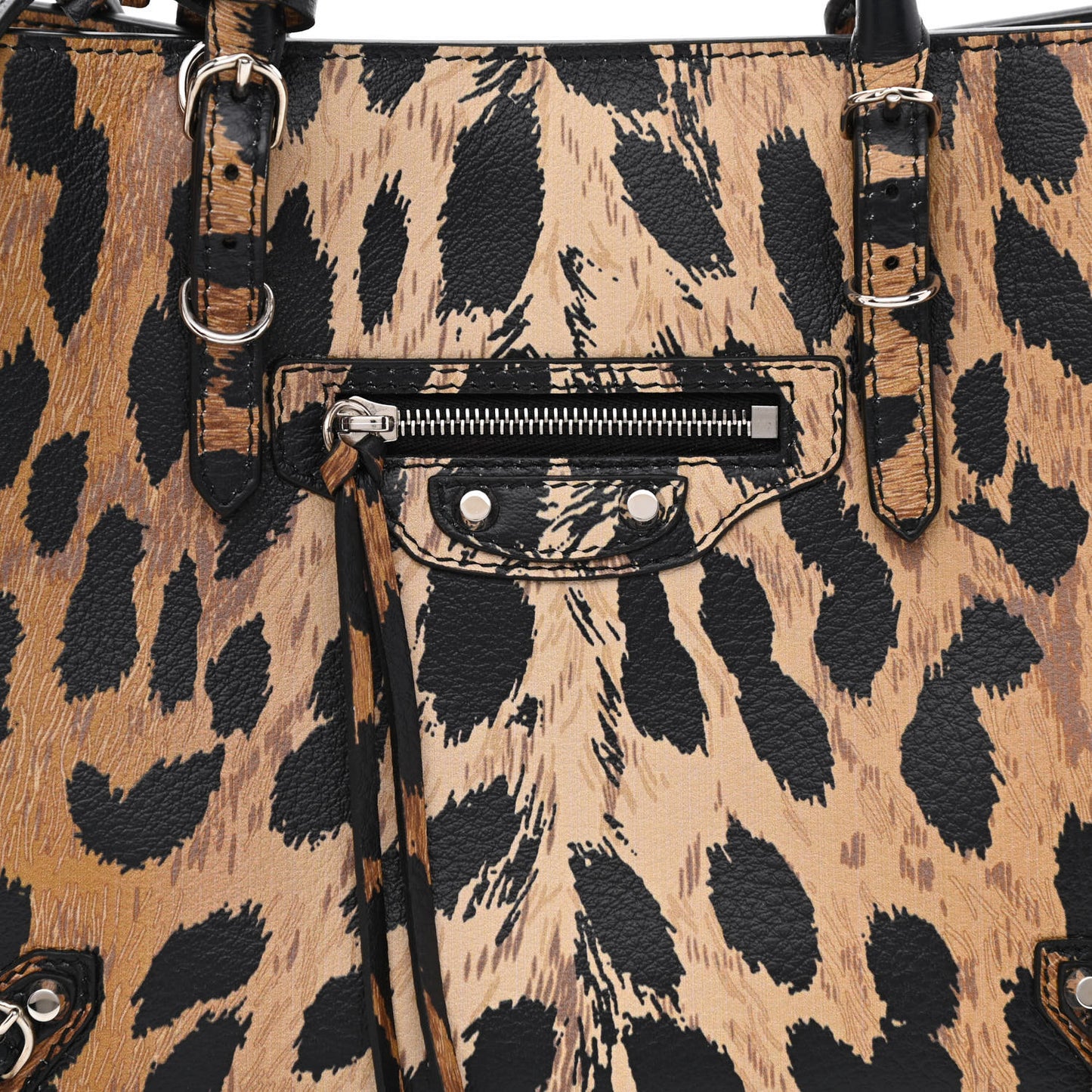 Grained Calfskin Leopard Print Papier Mini A4 Zip Around Tote Beige