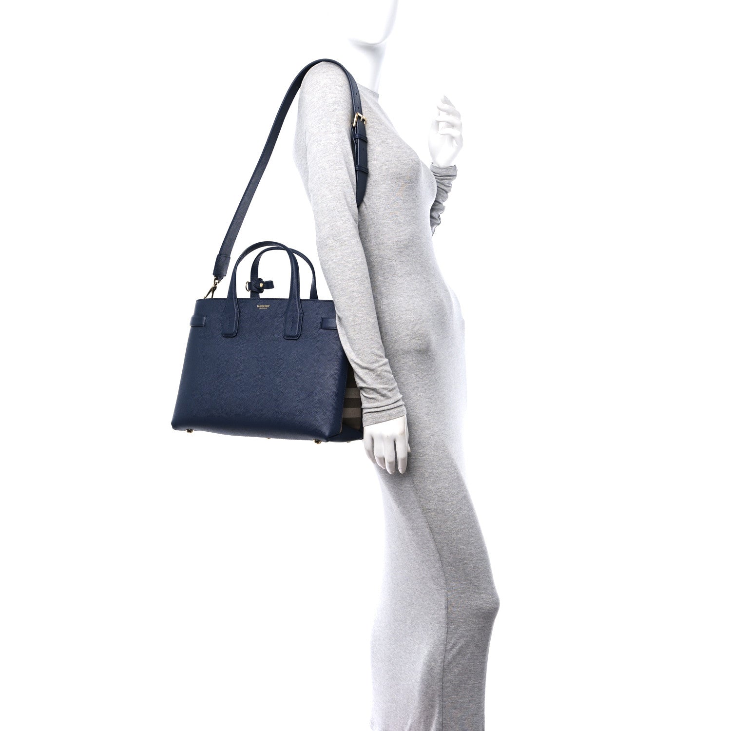 Burberry Grainy Calfskin House Check Medium Banner Tote Regency Blue 3 of 10