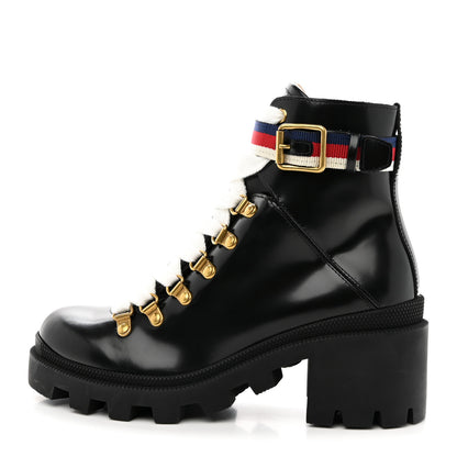 Gucci Calfskin Sylvie Web Lace Up Combat Boots 35 Black 1 of 13
