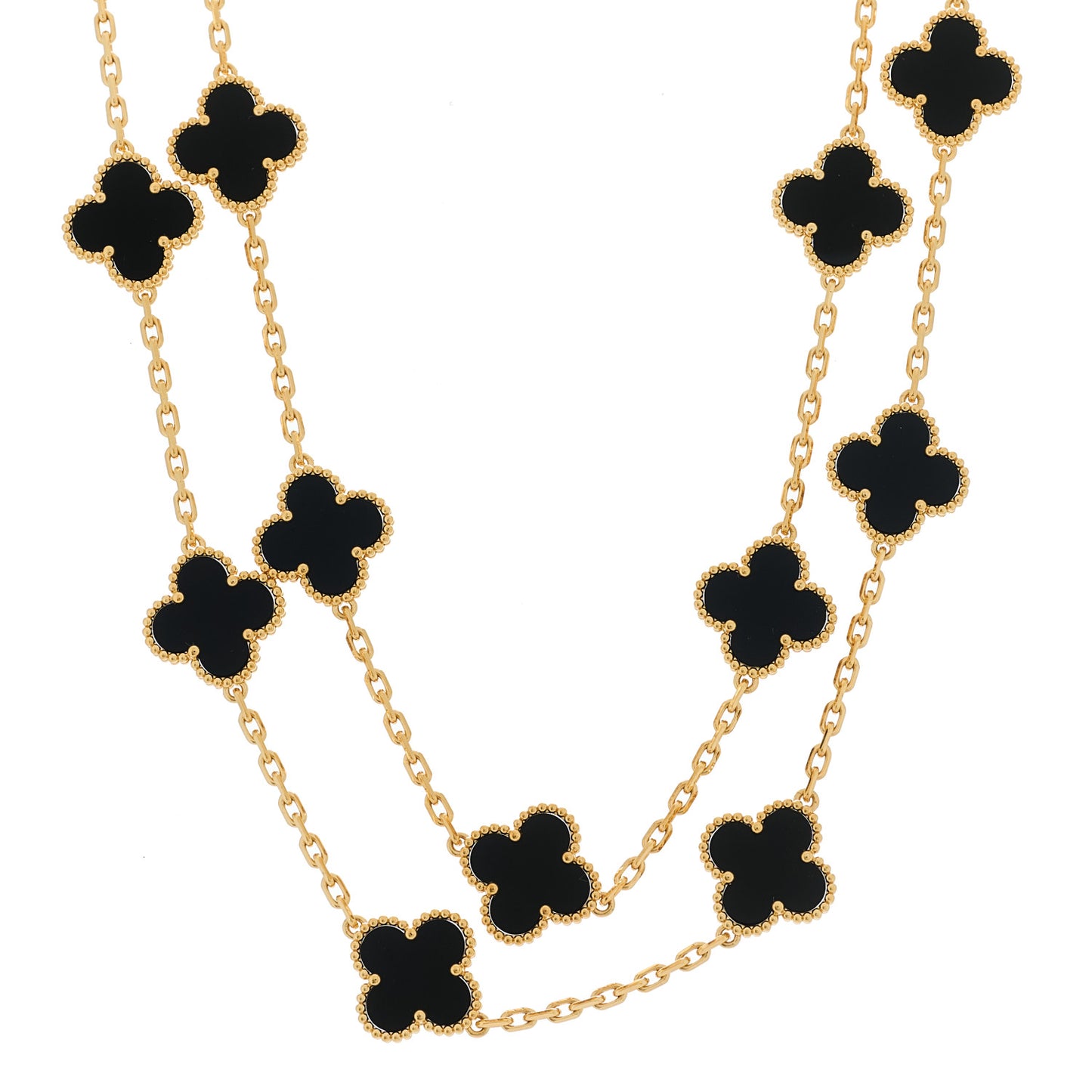 18K Yellow Gold Black Onyx 20 Motifs Vintage Alhambra Necklace