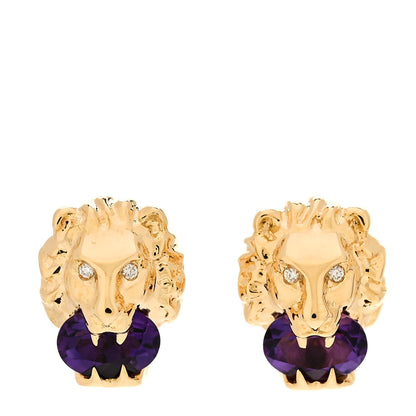 Gucci 18K Yellow Gold Diamond Amethyst Lion Head Stud Earrings 1 of 6