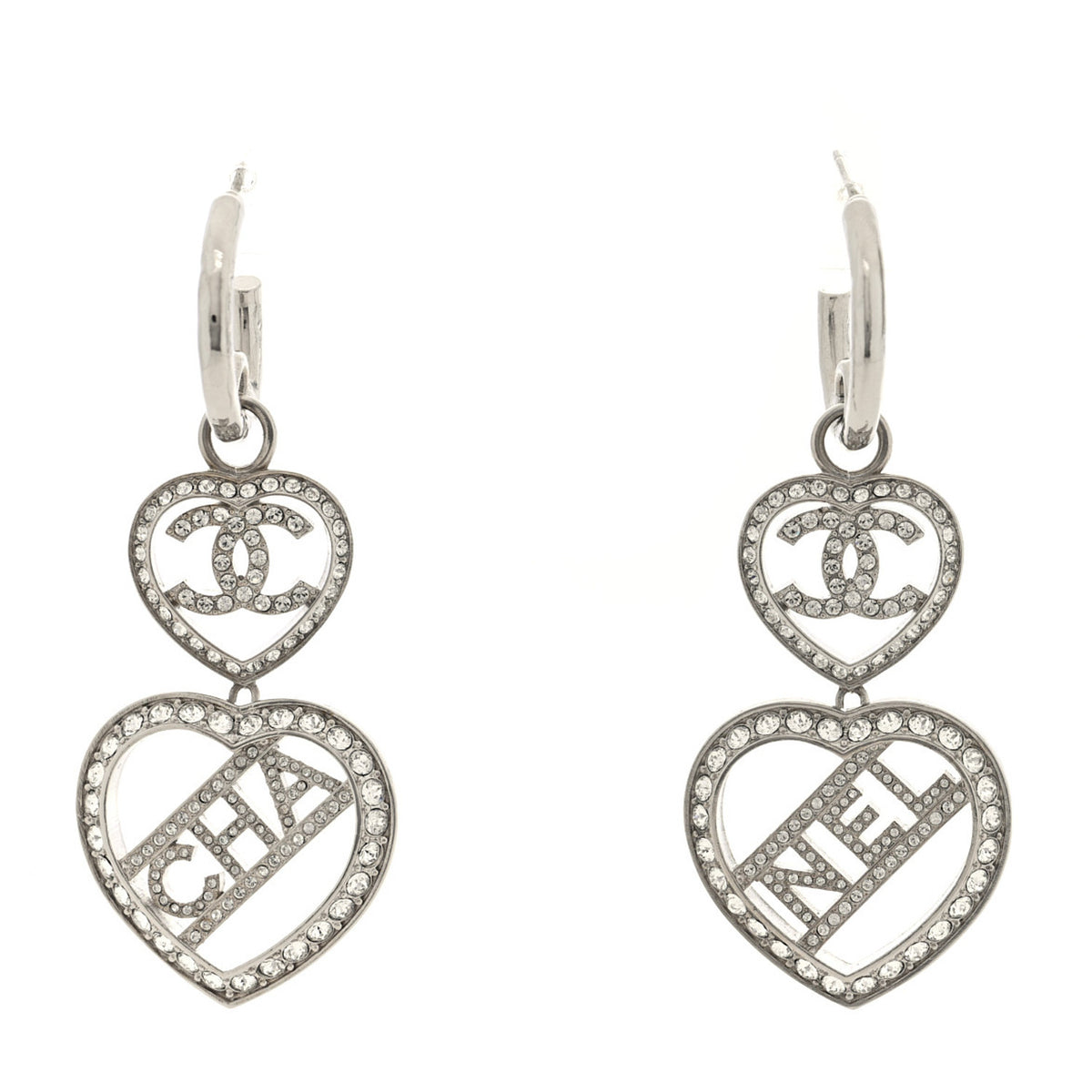 Crystal Metal CC Heart Drop Hoop Earrings Silver