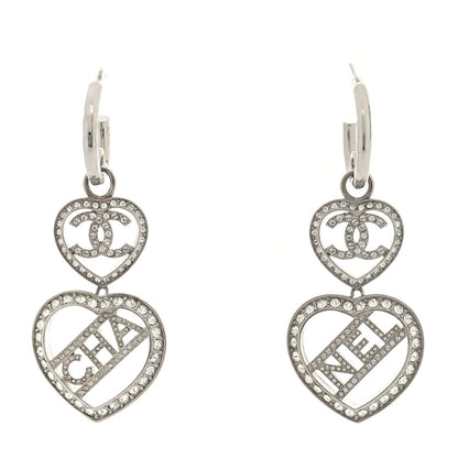 Chanel Crystal Metal CC Heart Drop Hoop Earrings Silver 1 of 4