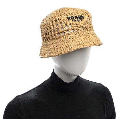 Prada Yarn Raffia Effect Crochet Logo Embroidered Womens Bucket Hat L Naturale 2 of 8