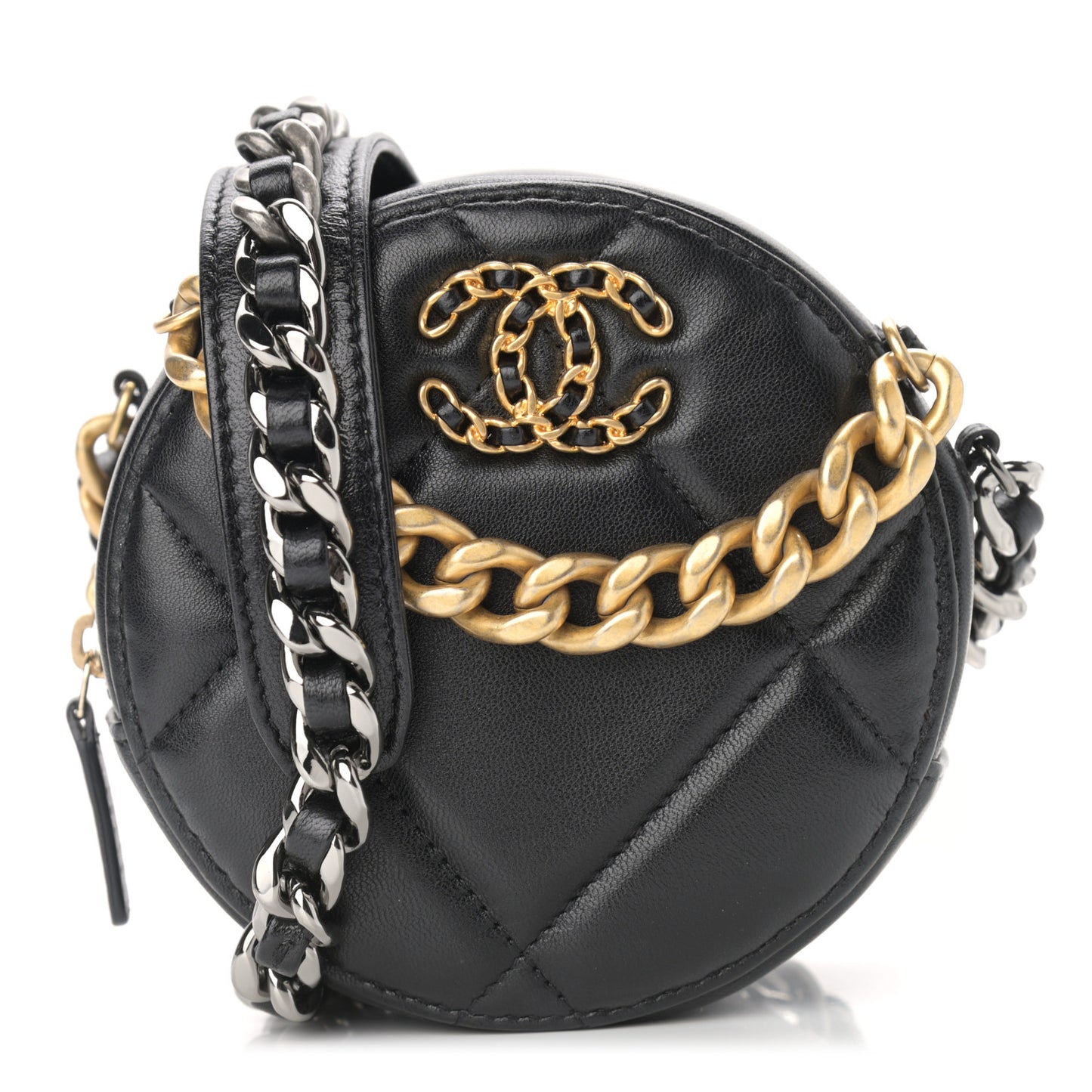Shiny Goatskin Quilted Chanel 19 Round Clutch With Chain Black