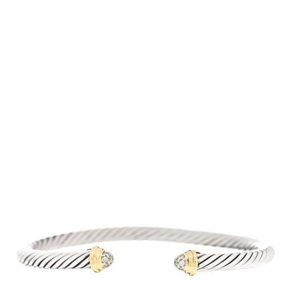 David Yurman Sterling Silver 18K Yellow Gold Diamond 4mm Cable Bracelet 1 of 3