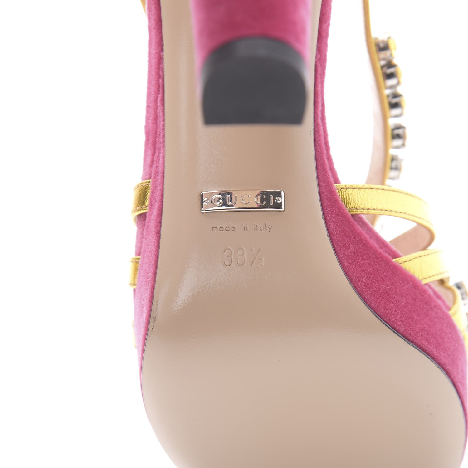 Gucci Velvet Nappa Crystal Zephyra Slingback Platform High Heel Sandals 38.5 Pink Gold 8 of 9