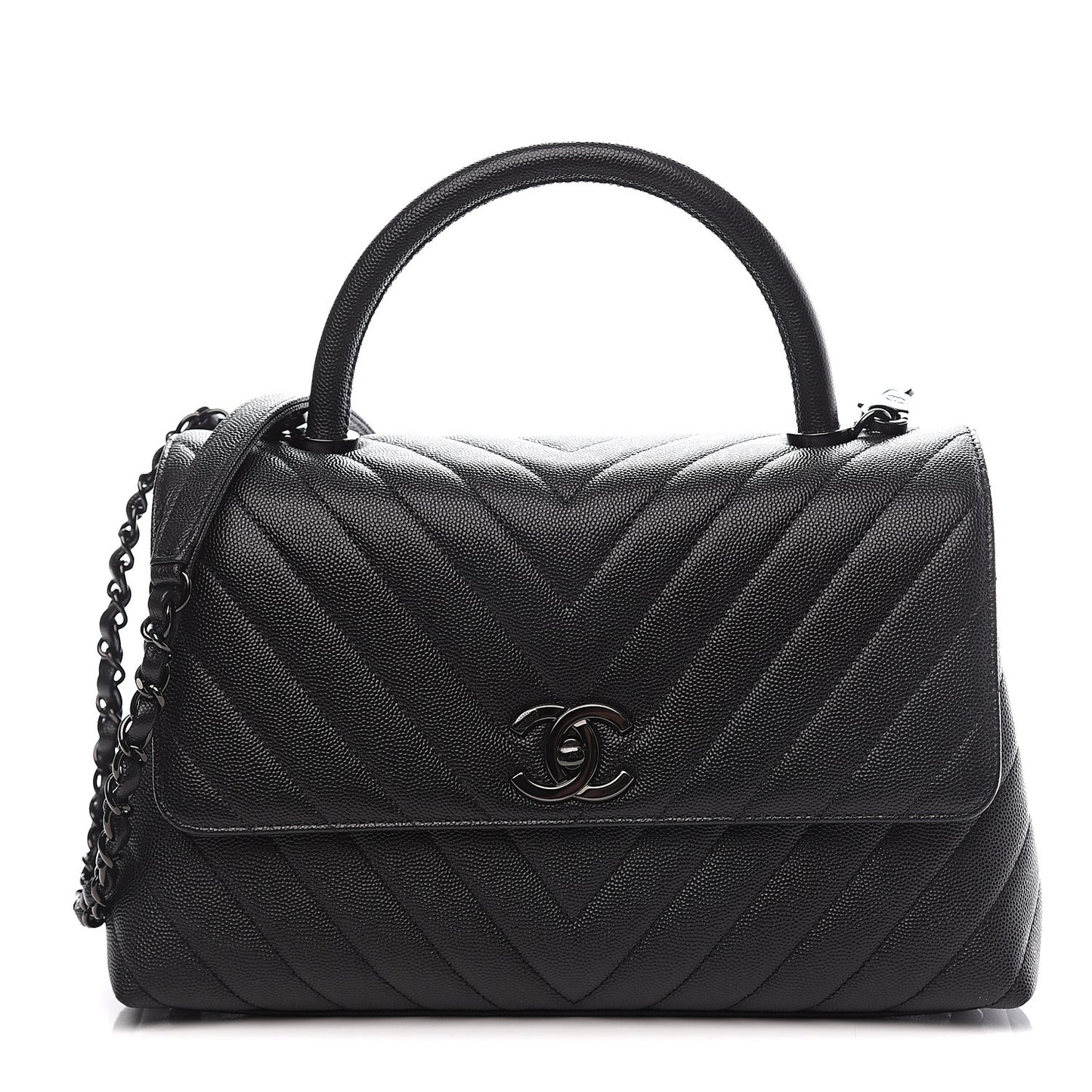 Caviar Chevron Quilted Small Coco Handle Flap So Black