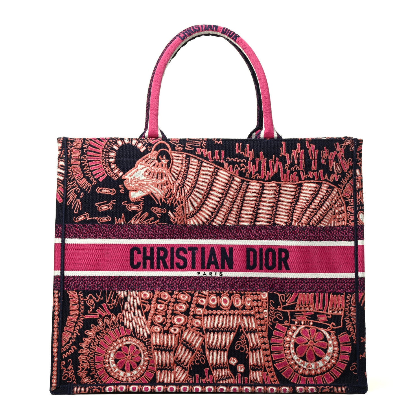 Canvas Embroidered Dior Animals Tiger Book Tote Deep Blue Fuchsia