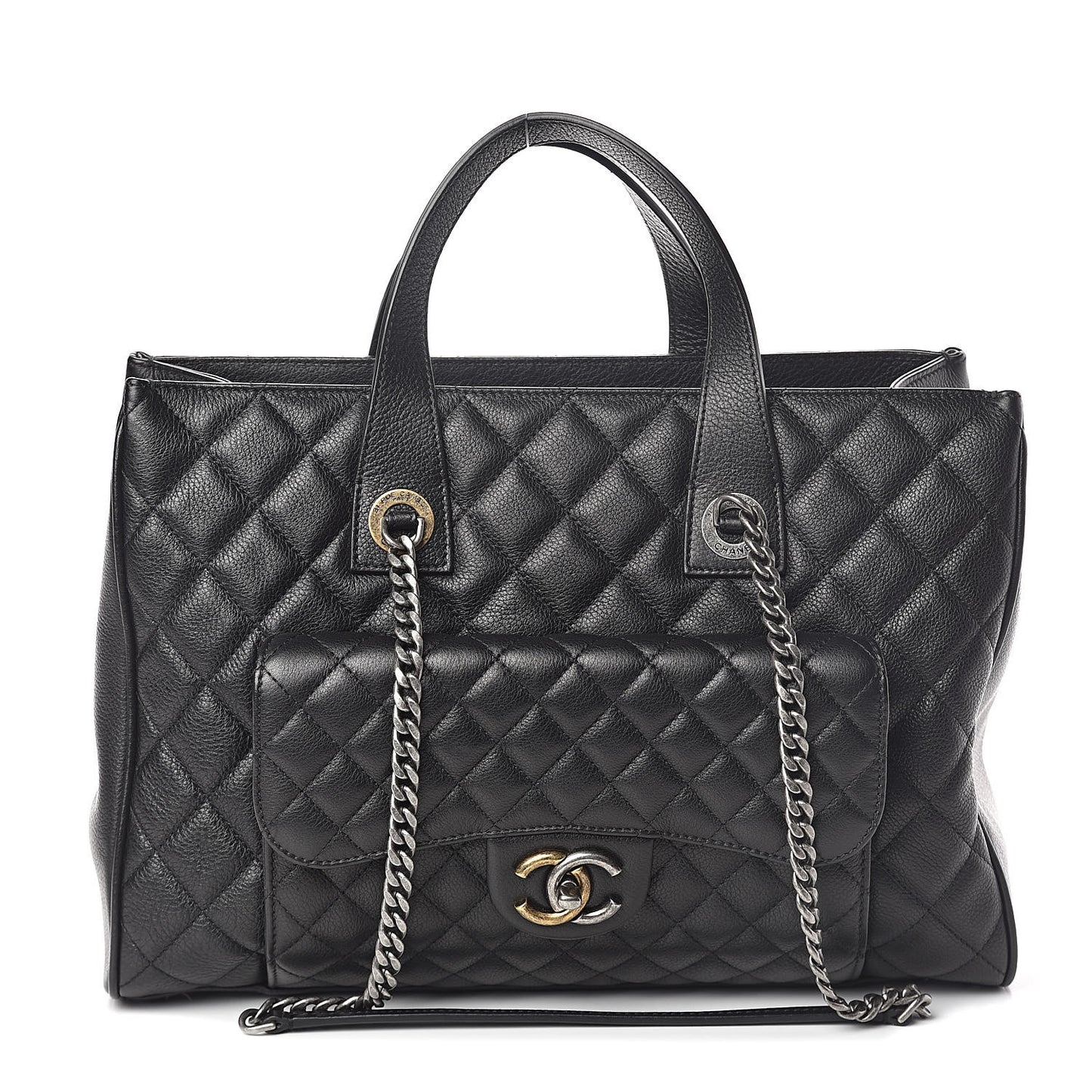 Metallic Grained Calfskin Quilted Large Casual Pocket Tote Black