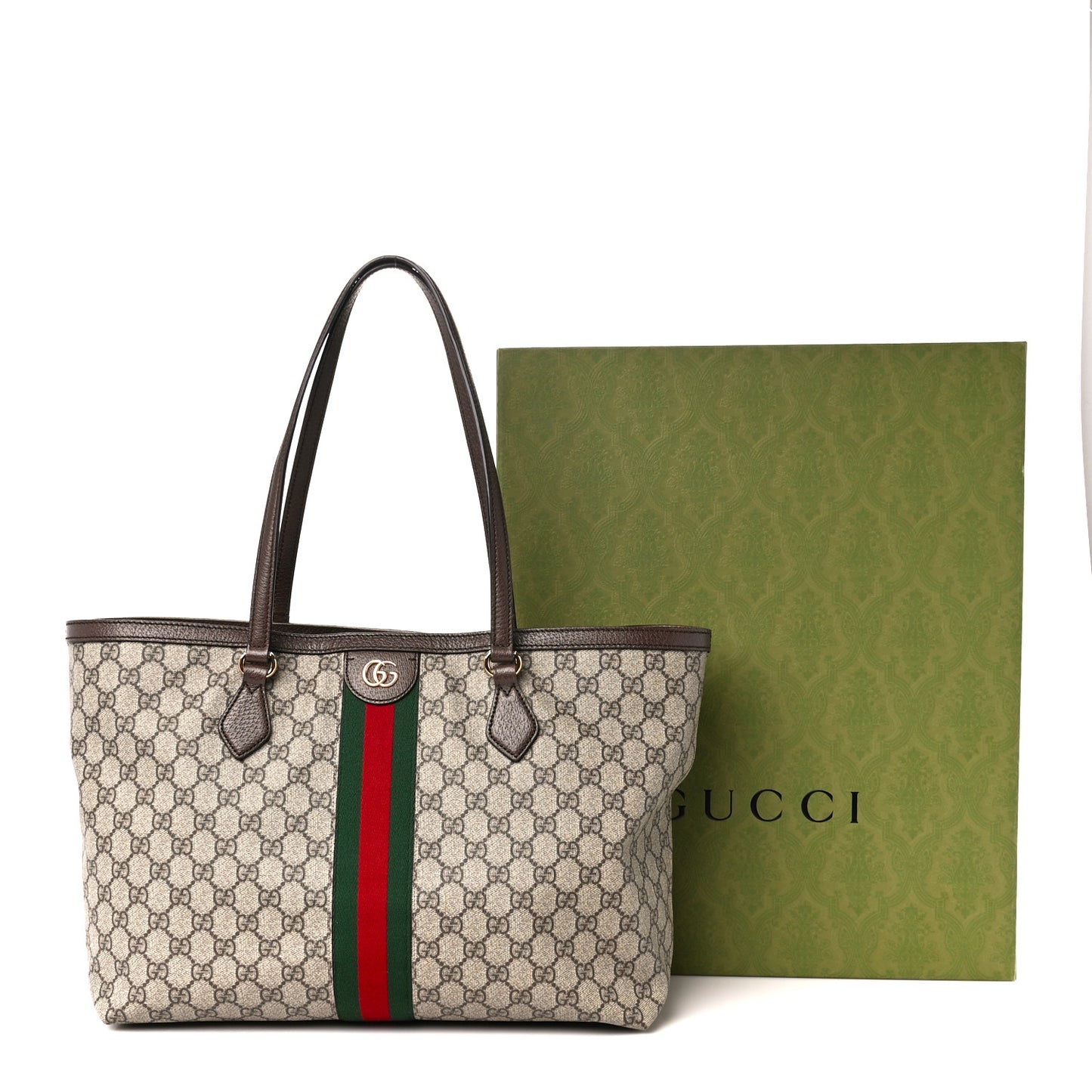 GG Supreme Monogram Textured Calfskin Web Medium Ophidia Shopping Tote Beige Ebony New Acero