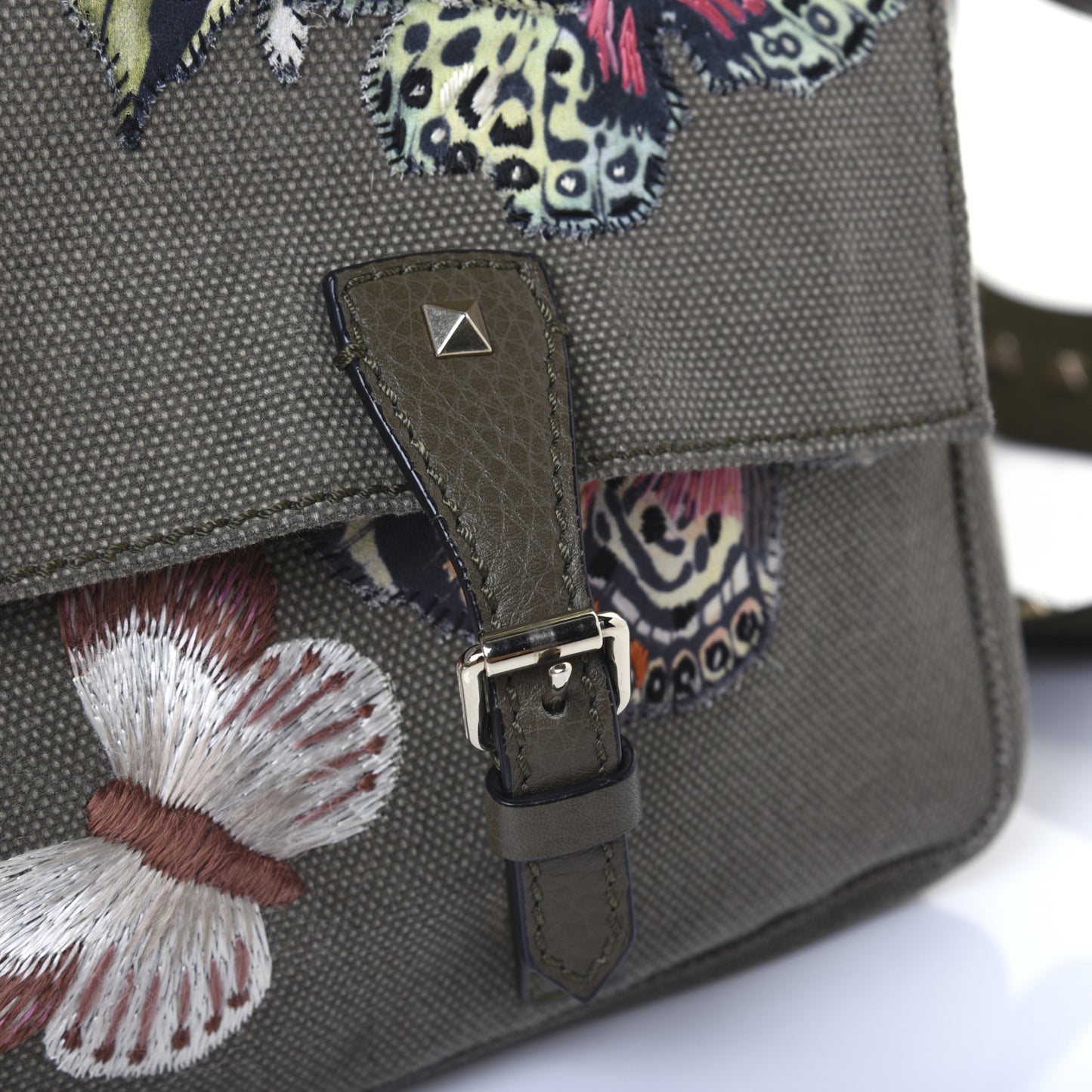 Canvas Butterfly Embroidered Rockstud Messenger Bag Military Green