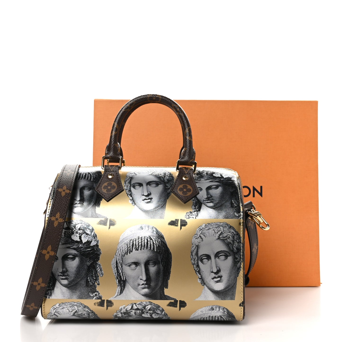 X FORNASETTI Calfskin Fornasetti Speedy Bandouliere 25 Gold
