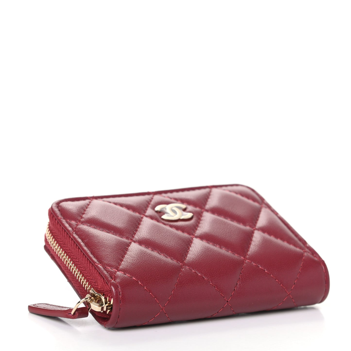 Lambskin Quilted Zip Around Coin Purse Wallet Burgundy