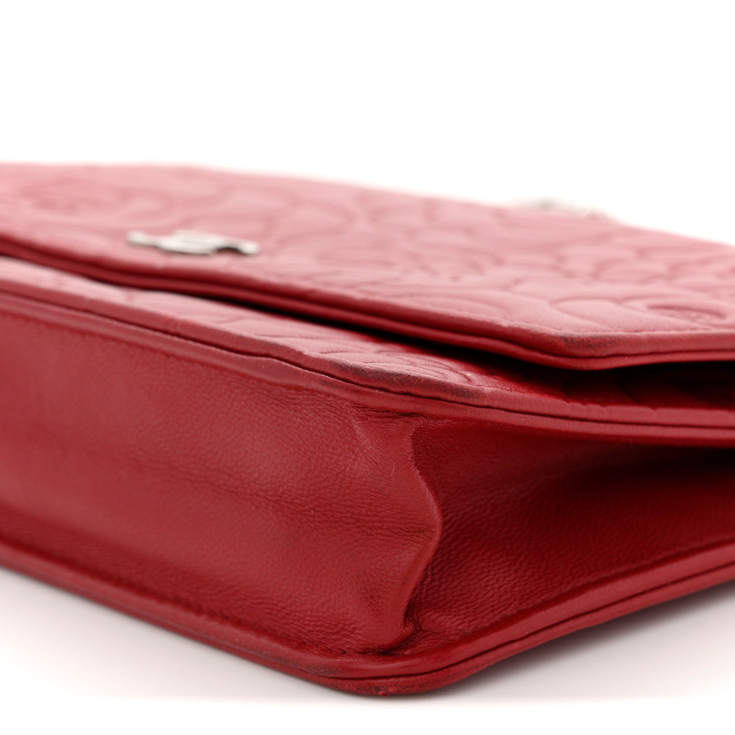 Chanel Lambskin Camellia Embossed Wallet On Chain WOC Red 10 of 12