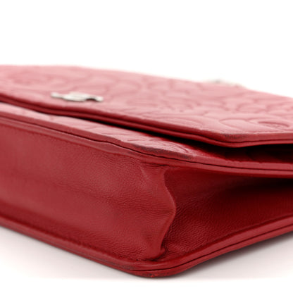 Chanel Lambskin Camellia Embossed Wallet On Chain WOC Red 10 of 12