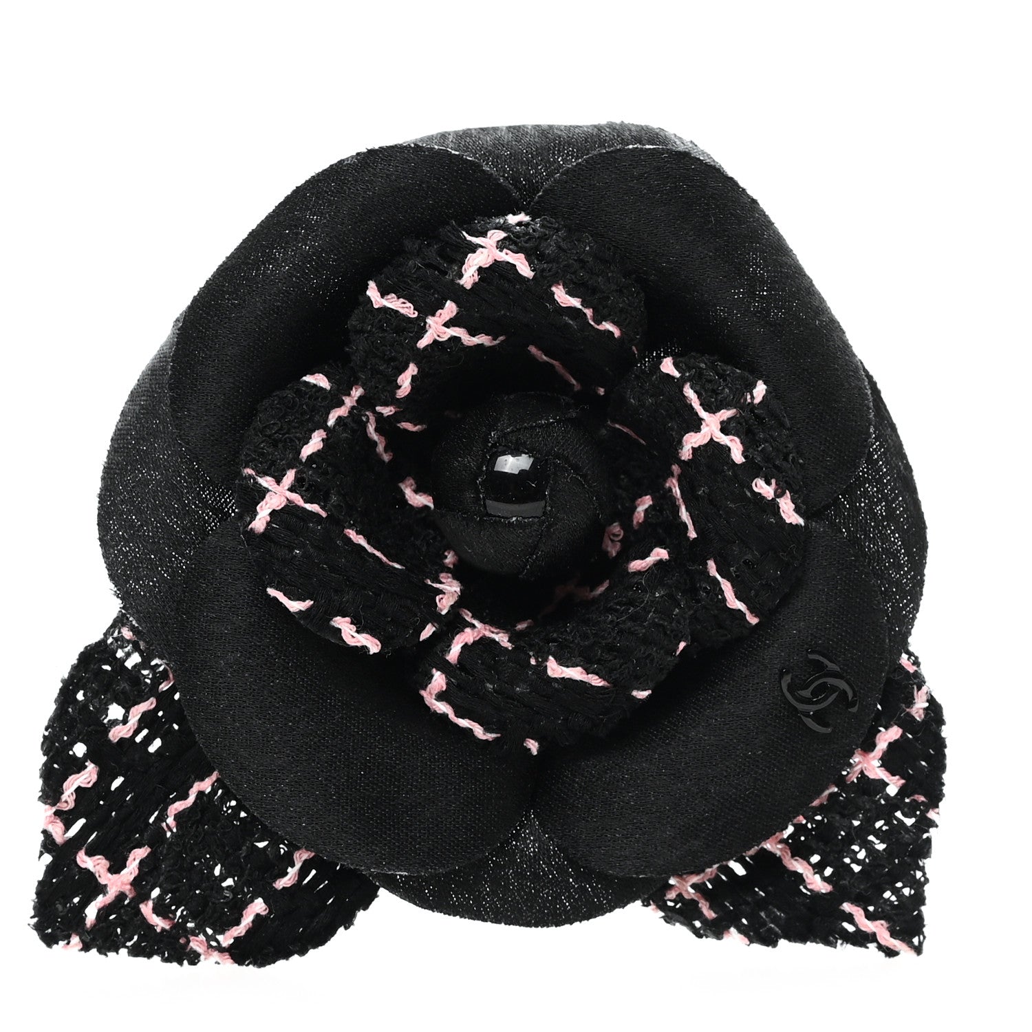 Chanel Tweed Camellia Pin Brooch Black Pink 1 of 3