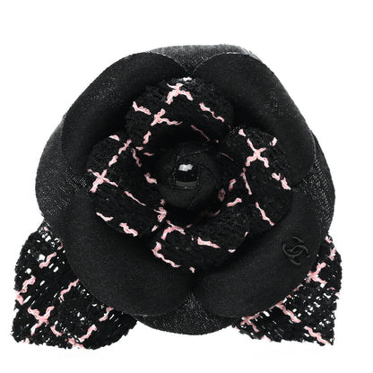Chanel Tweed Camellia Pin Brooch Black Pink 1 of 3