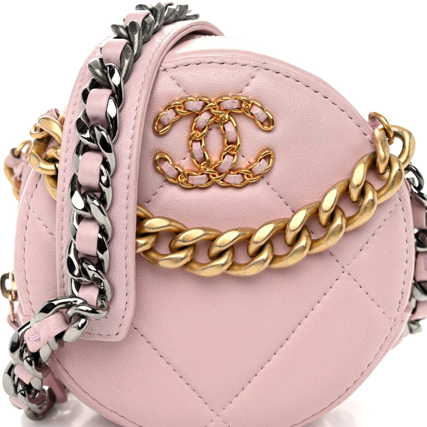 Lambskin Quilted Chanel 19 Round Clutch With Chain Pink