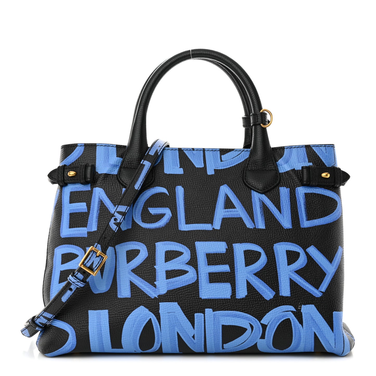 Grainy Calfskin Graffiti Print Medium Banner Tote Black