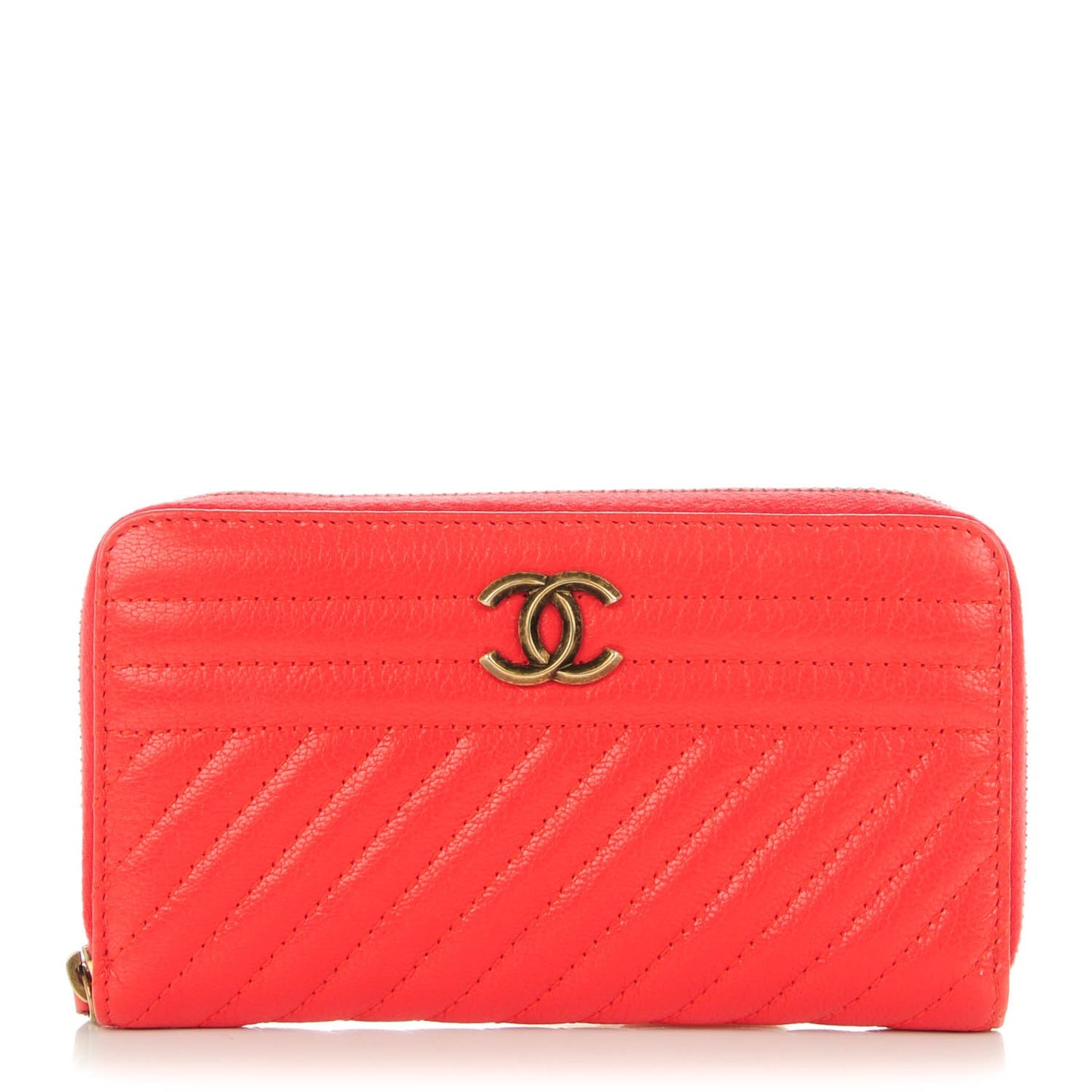 Shiny Goatskin Diagonal Quilted Small Zip Around Wallet Red