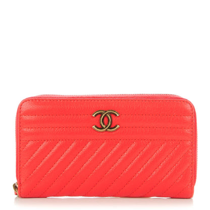 Chanel Shiny Goatskin Diagonal Quilted Small Zip Around Wallet Red 1 of 8