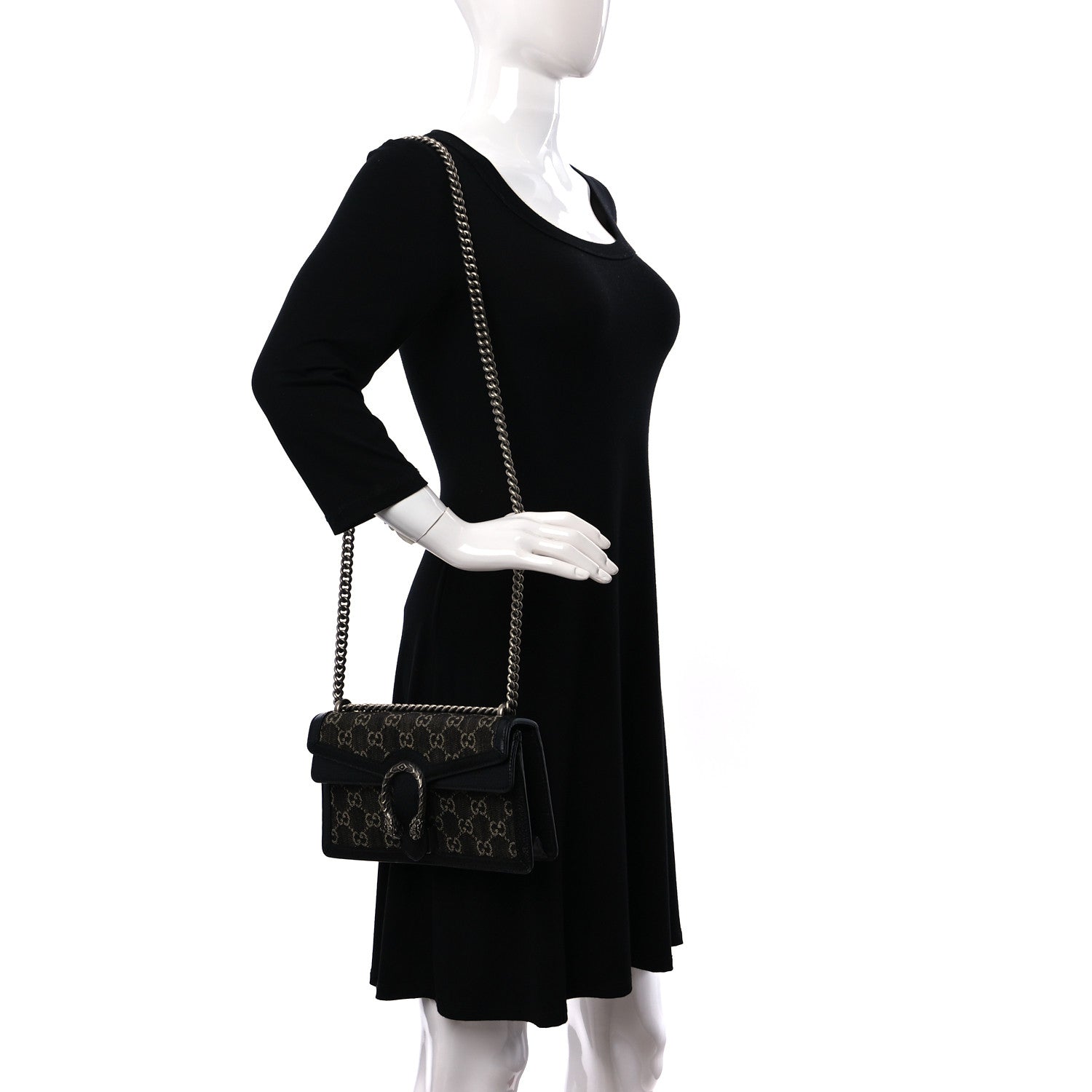 Gucci Jacquard Black Denim GG Monogram Textured Dollar Calfskin Small Dionysus Shoulder Bag Black Ivory 2 of 8