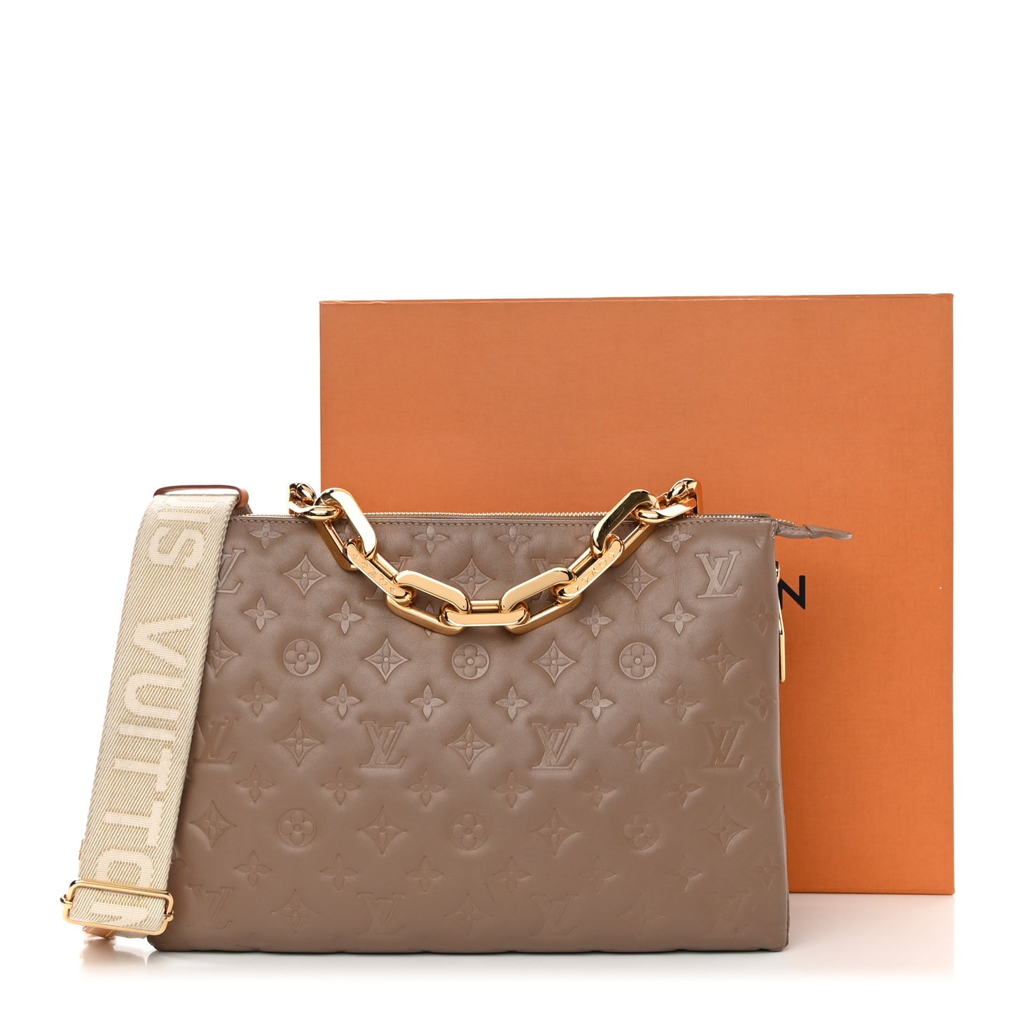 Lambskin Embossed Monogram Coussin MM Taupe